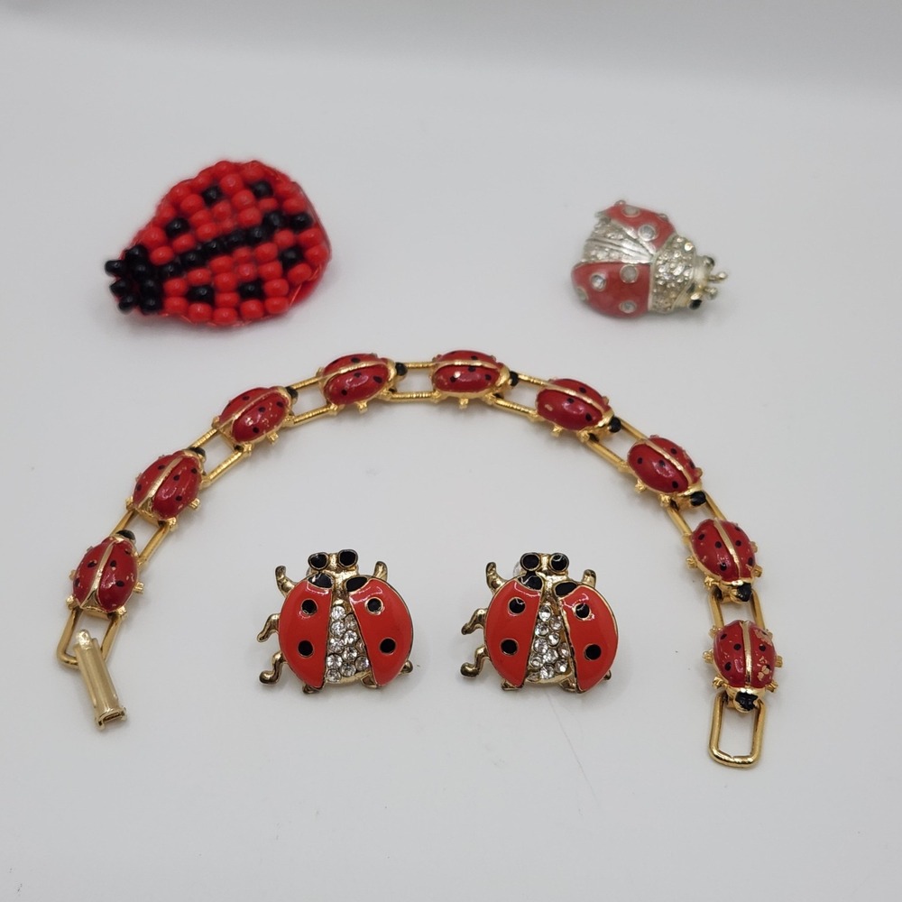 Ladybug Jewelry Lot Bracelet Earrings Brooch Pins Red Enamel Rhinestone